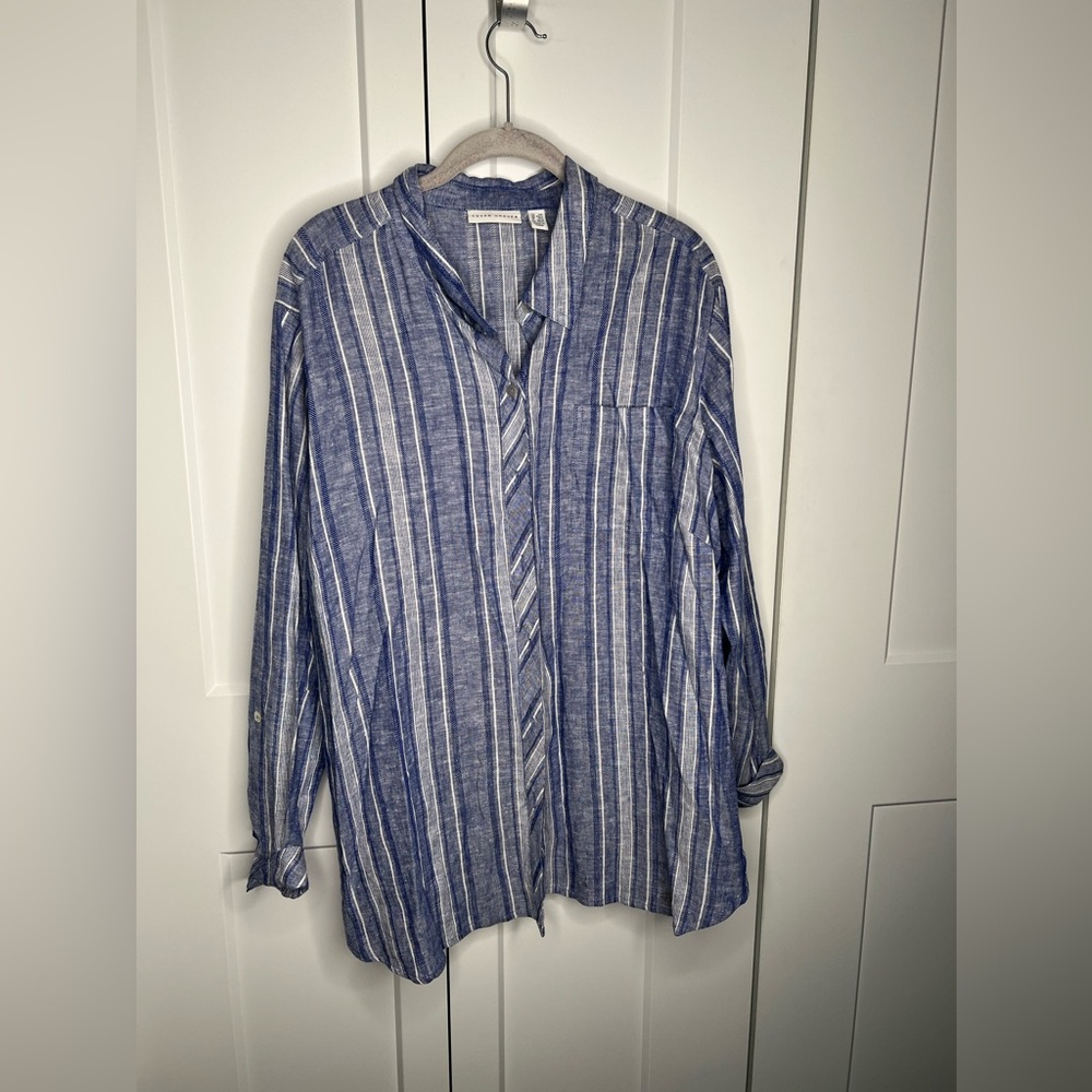 Susan Graver Linen Blend Stripe Button Down Shirt Petite Plus Size 1XP